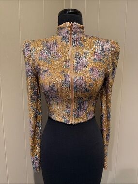 B42 Nookie Women’s Medium Silver Sequin Floral Zip Cropped Jacket Lady Gaga